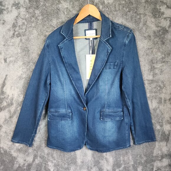Risen Denim Jacket Blazer Blue Women’s L USA Pockets Casual Button Dark Wash NEW - Picture 2 of 11